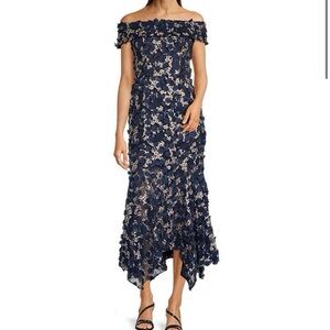 Xscape Navy and Cream Floral Off-Shoulder Dress